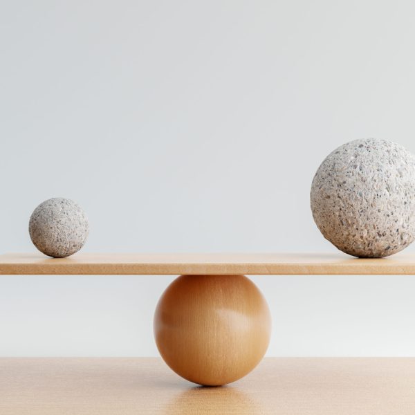 Wooden scale balancing with one big ball and one small ball. Harmony and balance concept. 3D illustration rendering